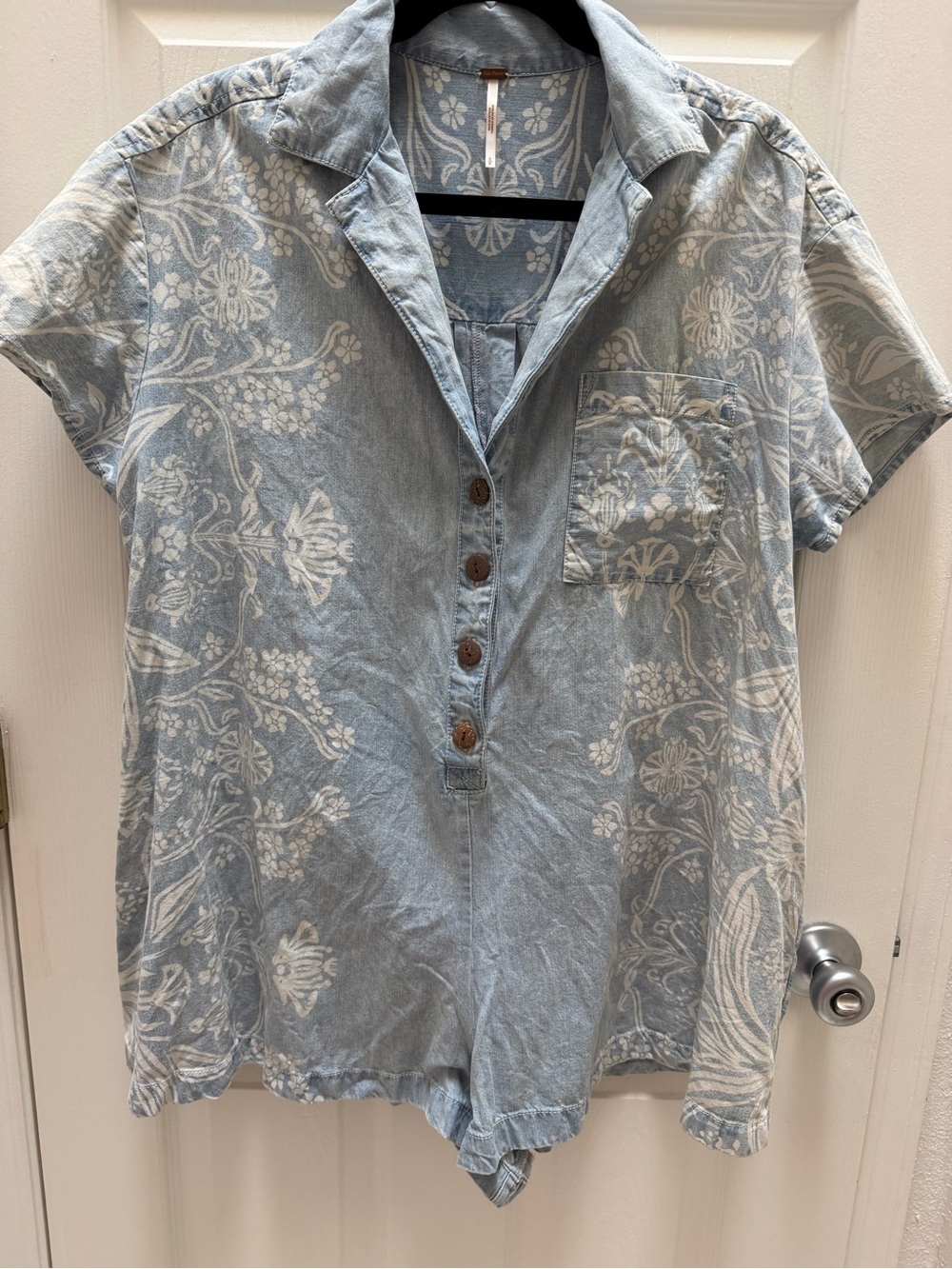 Free People Light Blue Floral Short-Sleeve Button Romper Shirt